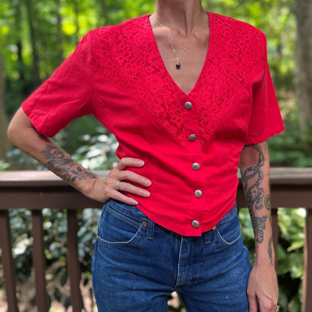 Vintage Lilia Smith red lace 80’s/90’s western blouse size S